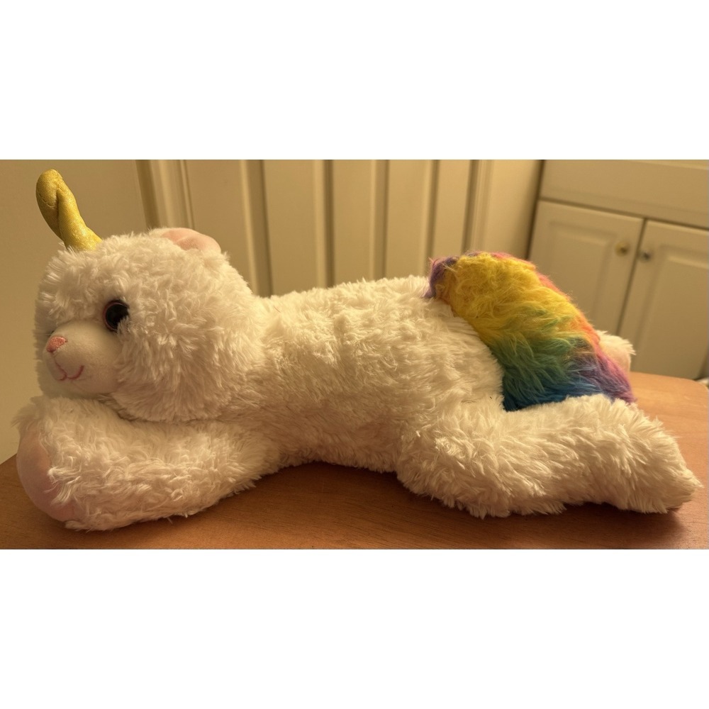 KellyToy Kitty Cat Caticorn Plush White Rainbow Tail 17" Long Pink Glitter Eyes